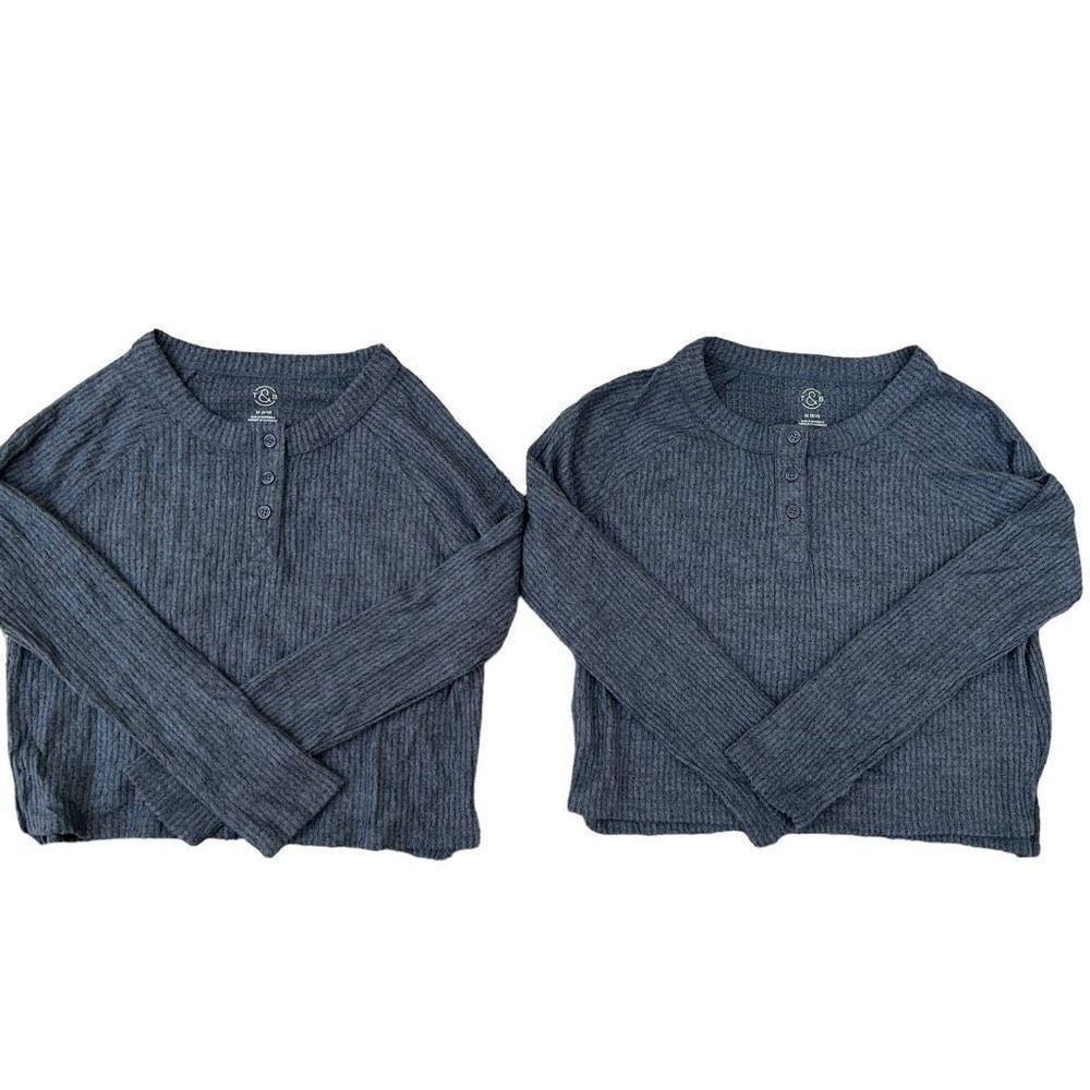 Treasure & Bond Blue Mirage Waffle Knit Cropped Henley Size 8/10 NWOT